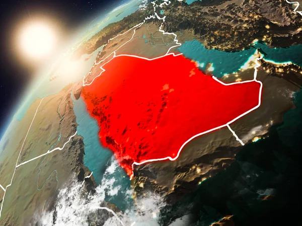 Suudi Arabistan red Planet Earth bulutlar ve görünür ülke sınırları ile vurgulanmış günbatımı sırasında. 3D çizim. Nasa tarafından döşenmiş bu görüntü unsurları.