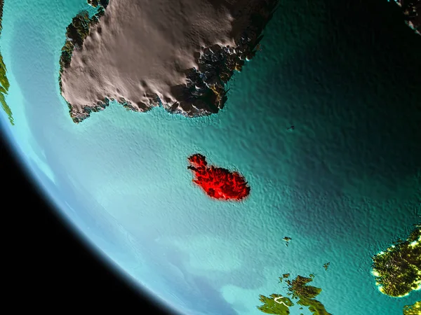 İzlanda'dan son derece detaylı yüzey dokuları görünür kenarlık çizgileri ve şehir ışıkları ile gece Dünya gezegeninin yörüngesinde. 3D çizim. Nasa tarafından döşenmiş bu görüntü unsurları.