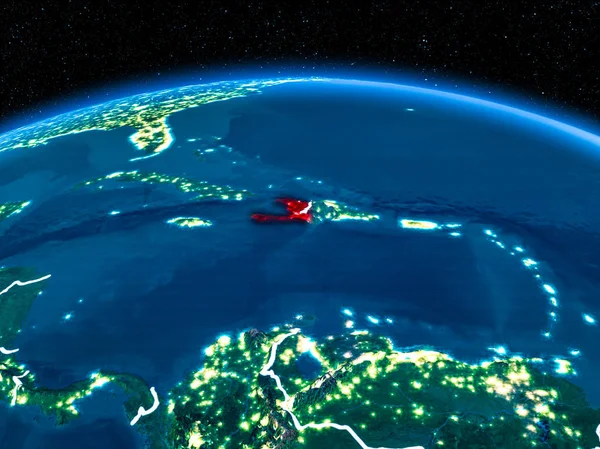 Yörünge görünümü Haiti kırmızı görünür sınır çizgileri ve şehir ışıkları Planet Earth geceleri altını çizdi. 3D çizim. Nasa tarafından döşenmiş bu görüntü unsurları.