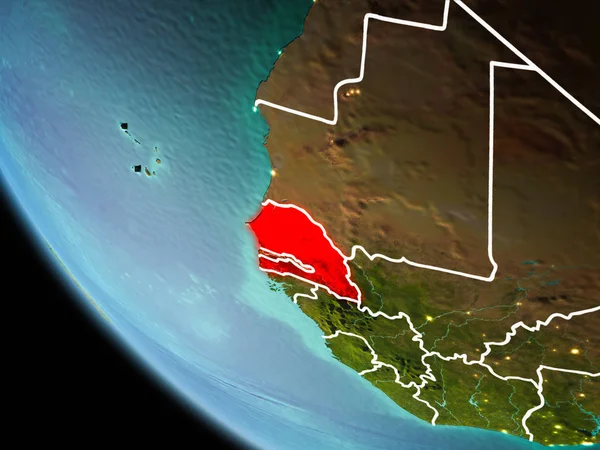 Senegal ile son derece detaylı yüzey dokuları görünür kenarlık çizgisi ve şehir ışıkları ile gece Dünya gezegeninin yörüngeden. 3D çizim. Nasa tarafından döşenmiş bu görüntü unsurları.