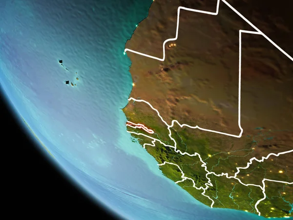 Gambiya görünür kenarlık çizgisi ve şehir ışıkları ile son derece detaylı yüzey dokuları ile gece Dünya gezegeninin yörüngeden. 3D çizim. Nasa tarafından döşenmiş bu görüntü unsurları.