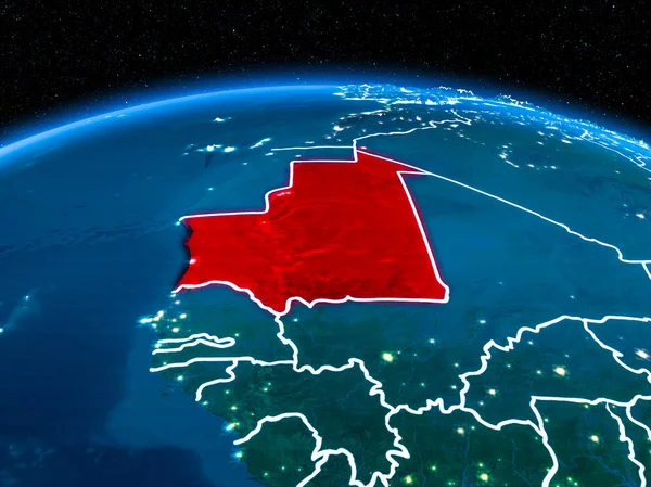 Yörünge görünümü Moritanya kırmızı görünür sınır çizgileri ve şehir ışıkları Planet Earth geceleri altını çizdi. 3D çizim. Nasa tarafından döşenmiş bu görüntü unsurları.