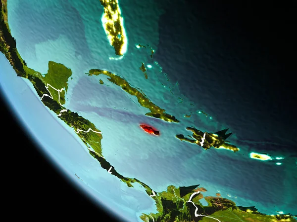 Son derece detaylı yüzey dokuları görünür kenarlık çizgileri ve şehir ışıkları ile gece Dünya gezegeninin yörüngesine Jamaika'dan. 3D çizim. Nasa tarafından döşenmiş bu görüntü unsurları.
