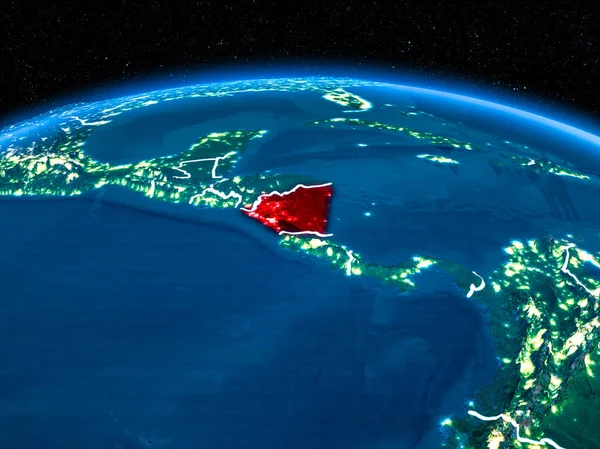 Yörünge görünümü Nikaragua kırmızı görünür sınır çizgileri ve şehir ışıkları Planet Earth geceleri altını çizdi. 3D çizim. Nasa tarafından döşenmiş bu görüntü unsurları.
