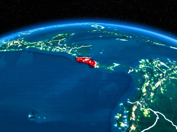 Yörünge görünümü Kosta Rika kırmızı görünür sınır çizgileri ve şehir ışıkları Planet Earth geceleri altını çizdi. 3D çizim. Nasa tarafından döşenmiş bu görüntü unsurları.