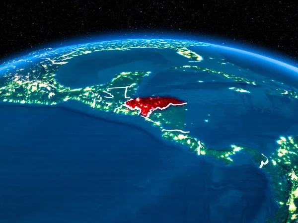 Yörünge görünümü Honduras kırmızı görünür sınır çizgileri ve şehir ışıkları Planet Earth geceleri altını çizdi. 3D çizim. Nasa tarafından döşenmiş bu görüntü unsurları.