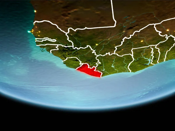 Liberya ülkenin Planet Earth akşam görünür kenarlık çizgileri ve şehir ışıkları kırmızı. 3D çizim. Nasa tarafından döşenmiş bu görüntü unsurları.