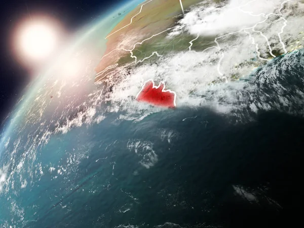 Liberya red Planet Earth bulutlar ve görünür ülke sınırları ile vurgulanmış günbatımı sırasında. 3D çizim. Nasa tarafından döşenmiş bu görüntü unsurları.