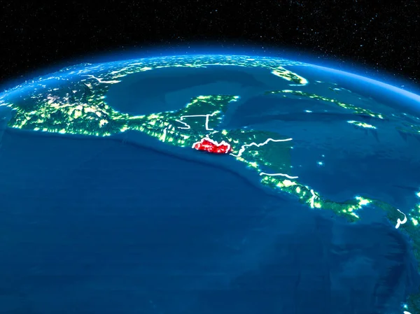 Yörünge görünümü El Salvador kırmızı görünür sınır çizgileri ve şehir ışıkları Planet Earth geceleri altını çizdi. 3D çizim. Nasa tarafından döşenmiş bu görüntü unsurları.
