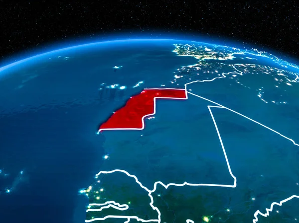 Batı Sahra görünümünü yörünge kırmızı görünür sınır çizgileri ve şehir ışıkları Planet Earth geceleri altını çizdi. 3D çizim. Nasa tarafından döşenmiş bu görüntü unsurları.