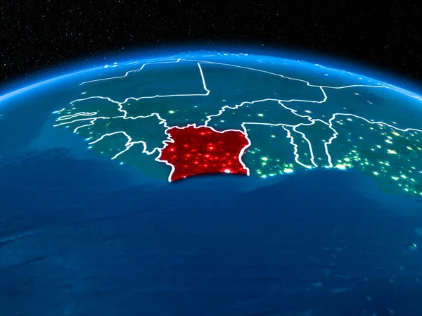 Fildişi Sahili görünümünü yörünge kırmızı görünür sınır çizgileri ve şehir ışıkları Planet Earth geceleri altını çizdi. 3D çizim. Nasa tarafından döşenmiş bu görüntü unsurları.