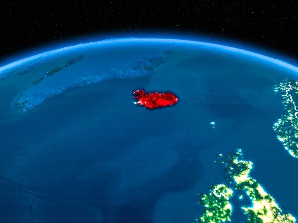 Yörünge görünümü İzlanda'daki kırmızı görünür sınır çizgileri ve şehir ışıkları Planet Earth geceleri altını çizdi. 3D çizim. Nasa tarafından döşenmiş bu görüntü unsurları.