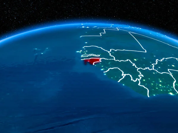 Gine-Bissau görünümünü yörünge kırmızı görünür sınır çizgileri ve şehir ışıkları Planet Earth geceleri altını çizdi. 3D çizim. Nasa tarafından döşenmiş bu görüntü unsurları.