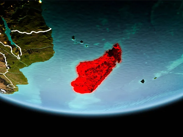 Madagaskar bir ülkenin Planet Earth akşam görünür kenarlık çizgileri ve şehir ışıkları kırmızı. 3D çizim. Nasa tarafından döşenmiş bu görüntü unsurları.