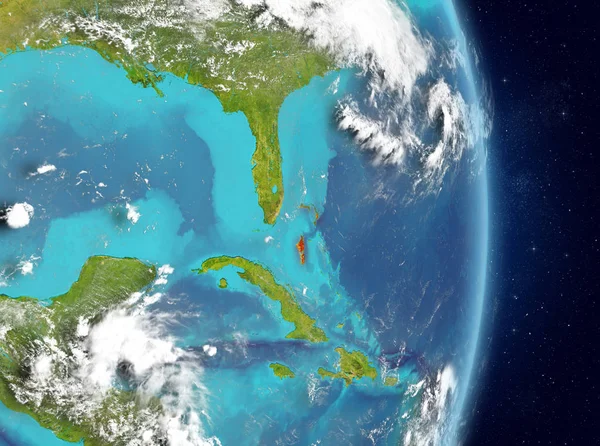Alan görünümünü Bahamalar Planet Earth atmosfer ile kırmızı vurgulanır. 3D çizim. Nasa tarafından döşenmiş bu görüntü unsurları.
