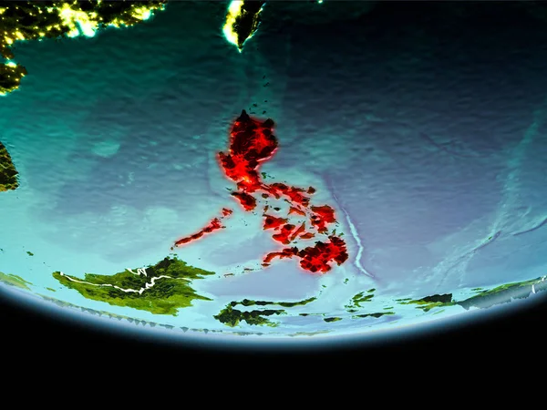 Planet Earth akşam görünür kenarlık çizgileri ve şehir ışıkları kırmızı ülke Türkiye. 3D çizim. Nasa tarafından döşenmiş bu görüntü unsurları.