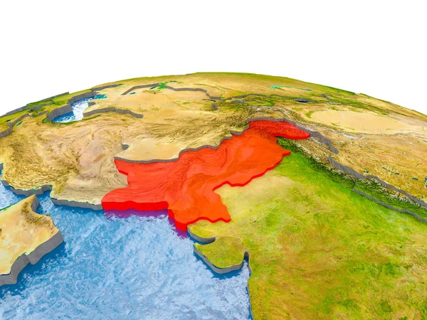 Pakistan gerçekçi arazi yüzeyi, görünür ülke sınırları ve okyanuslar yerine su ile dünya üzerinde kırmızı vurgulanır. 3D çizim. Nasa tarafından döşenmiş bu görüntü unsurları.