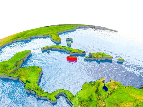 Jamaica highlighted in red on globe with realistic land surface, visible country borders and water in place of oceans. 3D illustration. Elements of this image furnished by NASA.