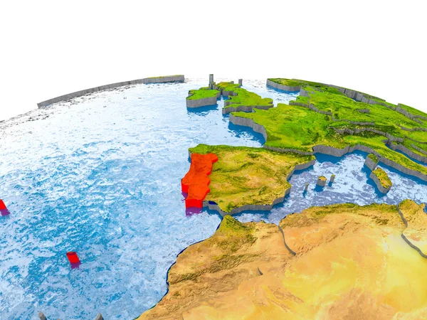 Portekiz Dünya gerçekçi arazi yüzeyi, görünür ülke sınırları ve okyanuslar yerine su üzerinde kırmızı vurgulanır. 3D çizim. Nasa tarafından döşenmiş bu görüntü unsurları.