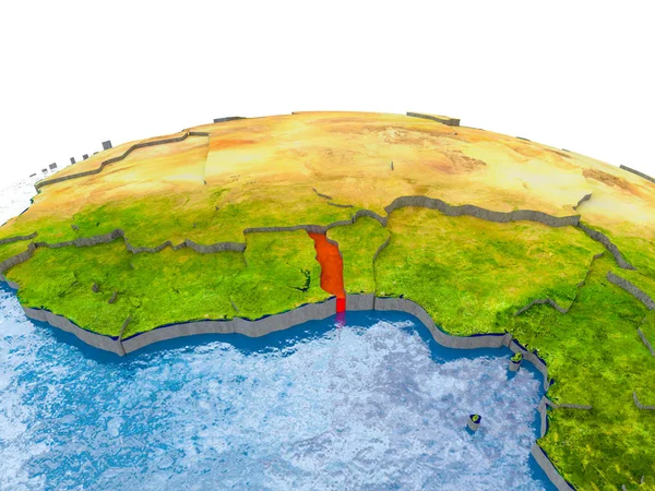 Togo highlighted in red on globe with realistic land surface, visible country borders and water in place of oceans. 3D illustration. Elements of this image furnished by NASA.