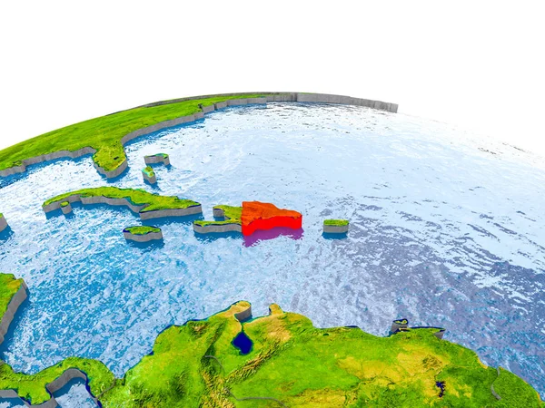 Dominican Republic highlighted in red on globe with realistic land surface, visible country borders and water in place of oceans. 3D illustration. Elements of this image furnished by NASA.