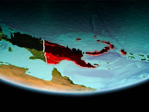 Country of Papua New Guinea in red on planet Earth in the evening with visible border lines and city lights. 3D illustration. Elements of this image furnished by NASA.