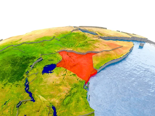 Kenia Zaznaczone Czerwono Świecie Powierzchni Terenu Granic Kraju Widoczne Wody — Zdjęcie stockowe