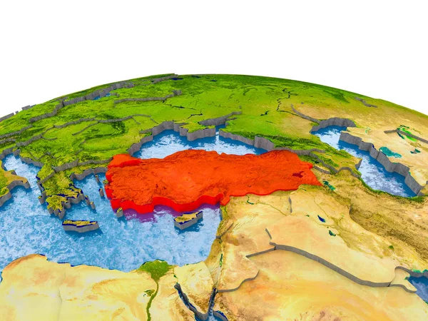 Türkiye Dünya gerçekçi arazi yüzeyi, görünür ülke sınırları ve okyanuslar yerine su üzerinde kırmızı vurgulanır. 3D çizim. Nasa tarafından döşenmiş bu görüntü unsurları.