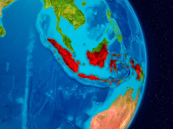 Endonezya ülke kırmızı Planet Earth. 3D çizim. Nasa tarafından döşenmiş bu görüntü unsurları.