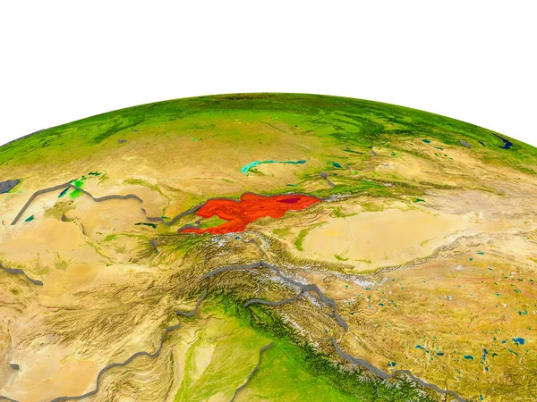 Kırgızistan gerçekçi arazi yüzeyi, görünür ülke sınırları ve okyanuslar yerine su ile dünya üzerinde kırmızı vurgulanır. 3D çizim. Nasa tarafından döşenmiş bu görüntü unsurları.