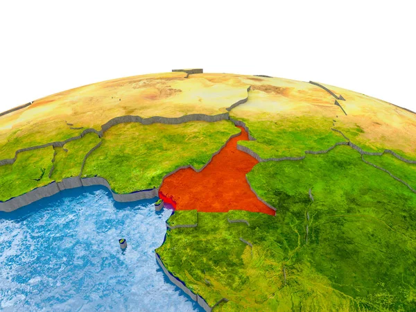 Kamerun gerçekçi arazi yüzeyi, görünür ülke sınırları ve okyanuslar yerine su ile dünya üzerinde kırmızı vurgulanır. 3D çizim. Nasa tarafından döşenmiş bu görüntü unsurları.