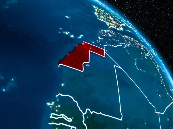 Satellite view of Western Sahara highlighted in red on planet Earth at night with borderlines and city lights. 3D illustration. Elements of this image furnished by NASA.