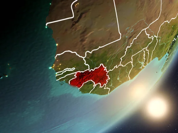 Gine son derece detaylı yüzey dokuları ve görünür ülke sınırları ile uzaydan. 3D çizim. Nasa tarafından döşenmiş bu görüntü unsurları.