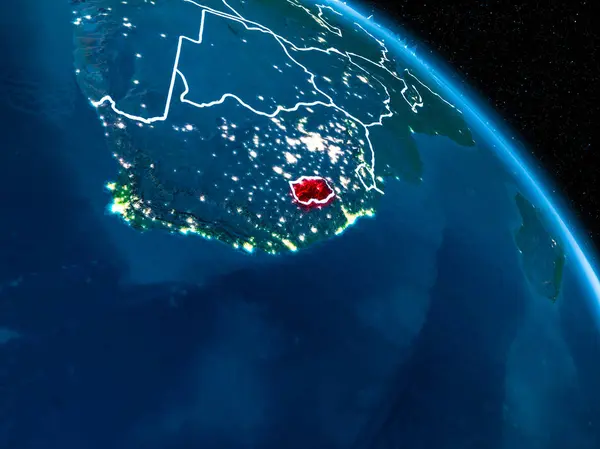 Sınır çizgileri ve şehir ışıkları ile gece red Planet Earth vurgulanmış Lesotho uydu görünümü. 3D çizim. Nasa tarafından döşenmiş bu görüntü unsurları.