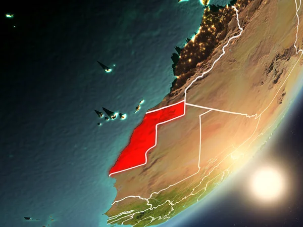 Batı Sahra son derece detaylı yüzey dokuları ve görünür ülke sınırları ile uzaydan. 3D çizim. Nasa tarafından döşenmiş bu görüntü unsurları.