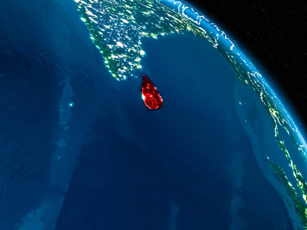 Uydu görüntüsü Sri Lanka sınır çizgileri ve şehir ışıkları ile gece Planet Earth kırmızı vurgulanır. 3D çizim. Nasa tarafından döşenmiş bu görüntü unsurları.