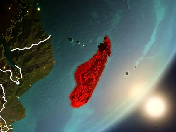 Madagaskar son derece detaylı yüzey dokuları ve görünür ülke sınırları ile uzaydan. 3D çizim. Nasa tarafından döşenmiş bu görüntü unsurları.