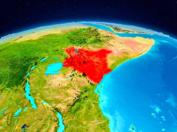 Satellite view of Kenya highlighted in red on planet Earth. 3D illustration. Elements of this image furnished by NASA.