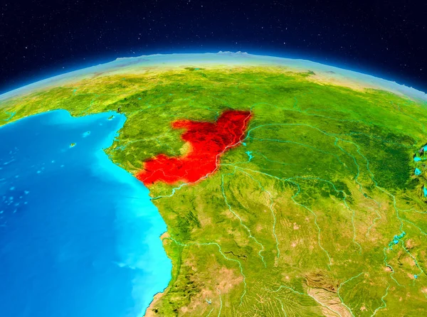 Satellite view of Congo highlighted in red on planet Earth. 3D illustration. Elements of this image furnished by NASA.