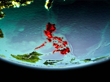 Planet Earth akşam görünür kenarlık çizgileri ve şehir ışıkları kırmızı ülke Türkiye. 3D çizim. Nasa tarafından döşenmiş bu görüntü unsurları.