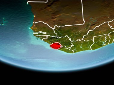 Planet Earth akşam görünür kenarlık çizgileri ve şehir ışıkları kırmızı ülke Sierra Leone. 3D çizim. Nasa tarafından döşenmiş bu görüntü unsurları.