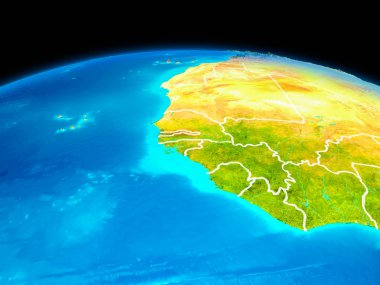 Uydu Görünümü Gambiya Planet Earth sınır çizgileri ile kırmızı vurgulanır. 3D çizim. Nasa tarafından döşenmiş bu görüntü unsurları.