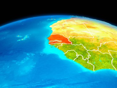 Uydu Görünümü Senegal Planet Earth sınır çizgileri ile kırmızı vurgulanır. 3D çizim. Nasa tarafından döşenmiş bu görüntü unsurları.