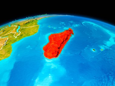 Uydu Görünümü Madagaskar Planet Earth sınır çizgileri ile kırmızı vurgulanır. 3D çizim. Nasa tarafından döşenmiş bu görüntü unsurları.