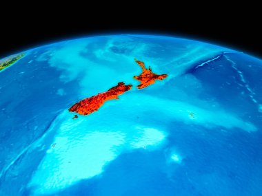 Uydu Görünümü Yeni Zelanda Planet Earth sınır çizgileri ile kırmızı vurgulanır. 3D çizim. Nasa tarafından döşenmiş bu görüntü unsurları.