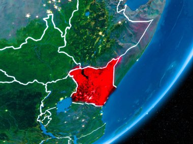 Kenya kırmızı Planet Earth görünür sınır çizgileri ve şehir ışıkları ile gece. 3D çizim. Nasa tarafından döşenmiş bu görüntü unsurları.