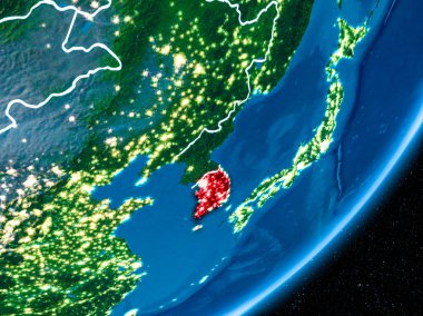 Güney Kore kırmızı Planet Earth görünür sınır çizgileri ve şehir ışıkları ile gece. 3D çizim. Nasa tarafından döşenmiş bu görüntü unsurları.