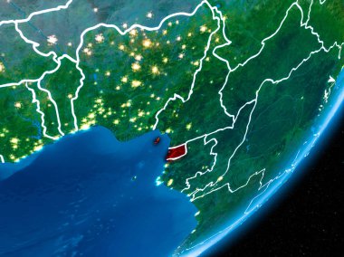 Ekvator Ginesi kırmızı Planet Earth görünür sınır çizgileri ve şehir ışıkları ile gece. 3D çizim. Nasa tarafından döşenmiş bu görüntü unsurları.