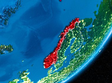 Norveç kırmızı Planet Earth görünür sınır çizgileri ve şehir ışıkları ile gece. 3D çizim. Nasa tarafından döşenmiş bu görüntü unsurları.