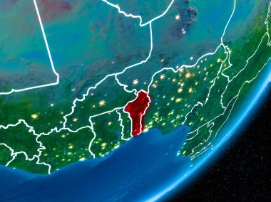 Benin kırmızı Planet Earth görünür sınır çizgileri ve şehir ışıkları ile gece. 3D çizim. Nasa tarafından döşenmiş bu görüntü unsurları.